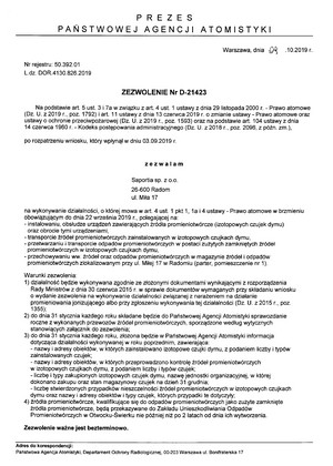 Certyfikat Państwowej Agencji Atomistyki